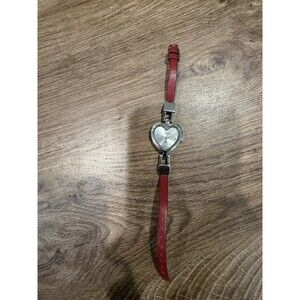 Rumours Silver Heart Watch White Mosaic Heart With Red Leather Band